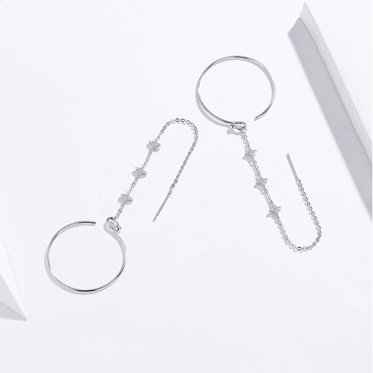 Bamoer, круглые серьги с длинной цепочкой для женщин, 925, серебряное кольцо, геометрические круглые свисающие серьги, женские модные ювелирные изделия BSE131