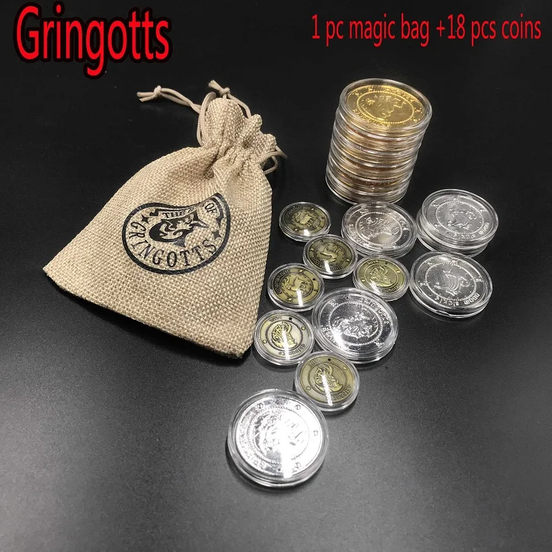 

Harri Potter Cosplay Hogwarts Coin Bank Coin With Bag Collection Toy Halloween Wizarding World Party Accessories Props Gift