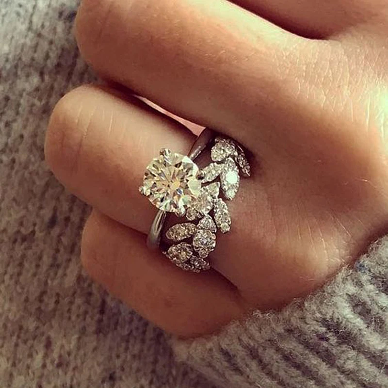 

Luxury Female Crystal White Stone Leaf Shape Wedding Ring Sets For Women Silver Color Engagement Double Rings For Couples Z5X789