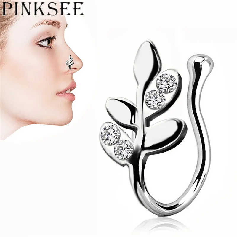 

PINKSEE Leaf Shape Crystal Hypoallergenic Nasal Ring False Nose Hoop No Piercing Body Jewelry 3 Colors