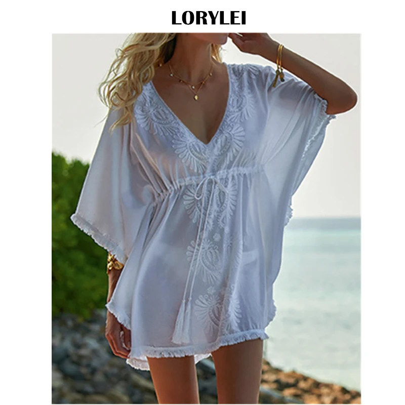 

2019 New Summer Fashion V-Neck Batwing Sleeve Self Belted High Waist Beach Dress White Cotton Tunic Women Swimsuit Cover Up N763