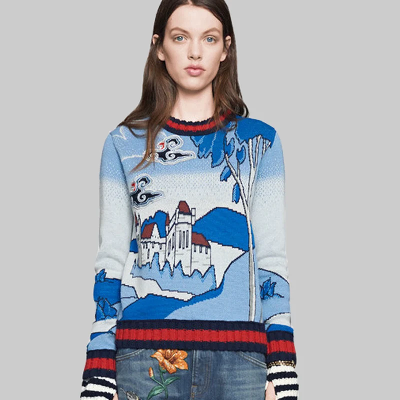 European 2016 New Winter Landscape Print Blue Wool Sweater Round Neck