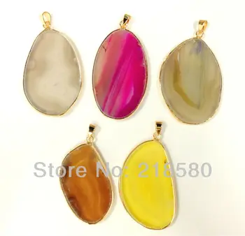 

H-DP381 5pcs Mix Color Agat Slice Pendant with Gold Bezel Hot Sale Pendant for Necklace Making approx 40mm-55mm Long