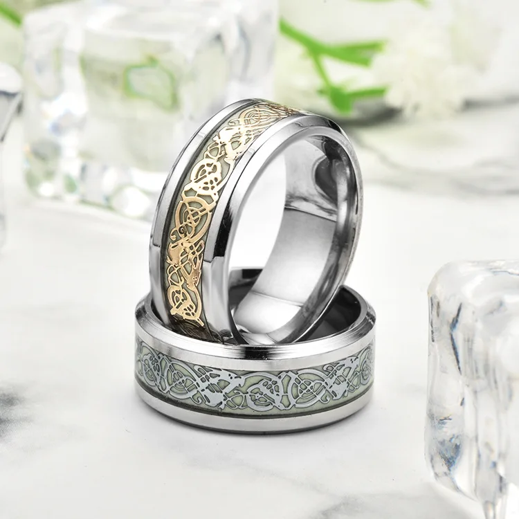 Светящееся Позолоченное серебряное кольцо темно-золотой дракон инкрустация зеленый фон Модные мужские флуоресцентные светящиеся кольца