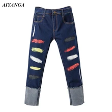 5XL цветные полосатые женские Джинсы бойфренда для женщин мама Высокая талия джинсы синие повседневные брюки с подворотами уличная джинсовые брюки леди