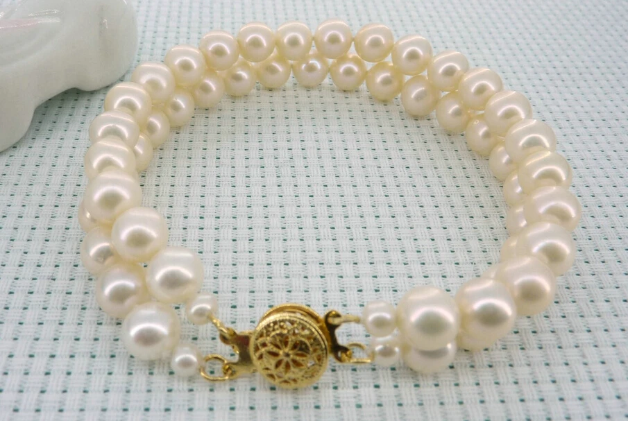 

shipping7mm white aaa akoya cultured pearl 2 strands bracelet 7.5" 5.25