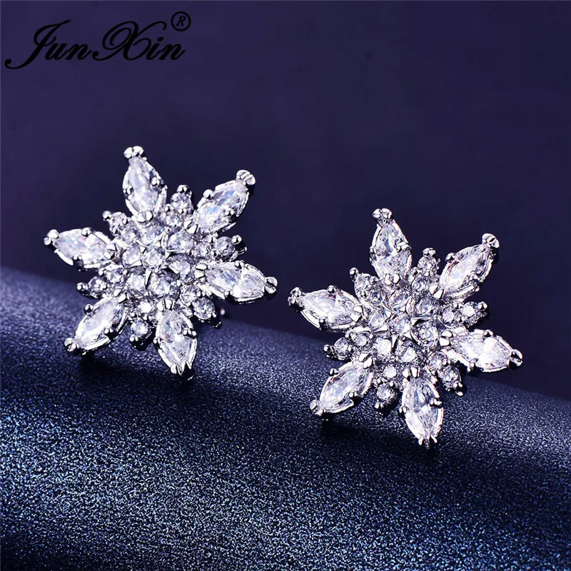 

Cute Female White Snowflake Stud Earrings 925 Sterling Silver Filled Wedding Jewelry Crystal Zircon Stone Earrings For Women