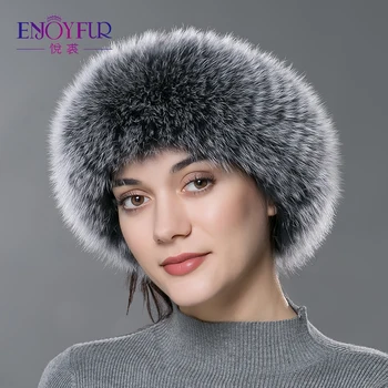 

ENJOY FUR women winter fur headbands real fox fur knitted female headwear warm fashion ear protector elastic new Russia headwrap