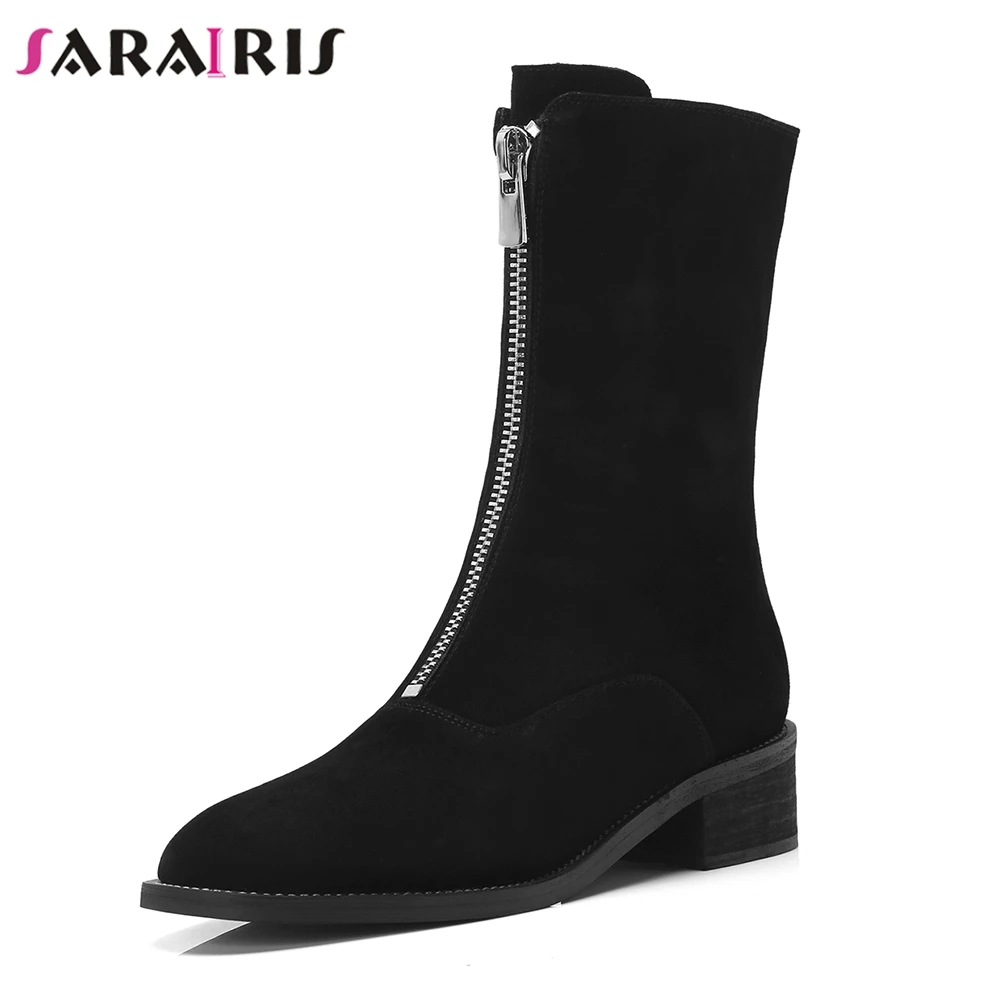 

SARAIRIS New Black Wide Med Heels 4cm Zip Round Toe Shoes Woman Cow Suede Casual Autumn Winter Mid Calf Boots Large Size 34-40