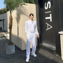 Мужские рубашки с длинным рукавом и стоячим воротником, комбинезоны, брюки, уличная одежда, брюки для выступлений на сцене, мужские летние хлопковые льняные свободные белые комбинезоны