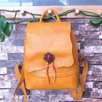 

Vintage Classical Designer Genuine Leather Lady Diamonds Backpack Natural Soft Cowskin Female Bag Women's Small Yellow Bag Back