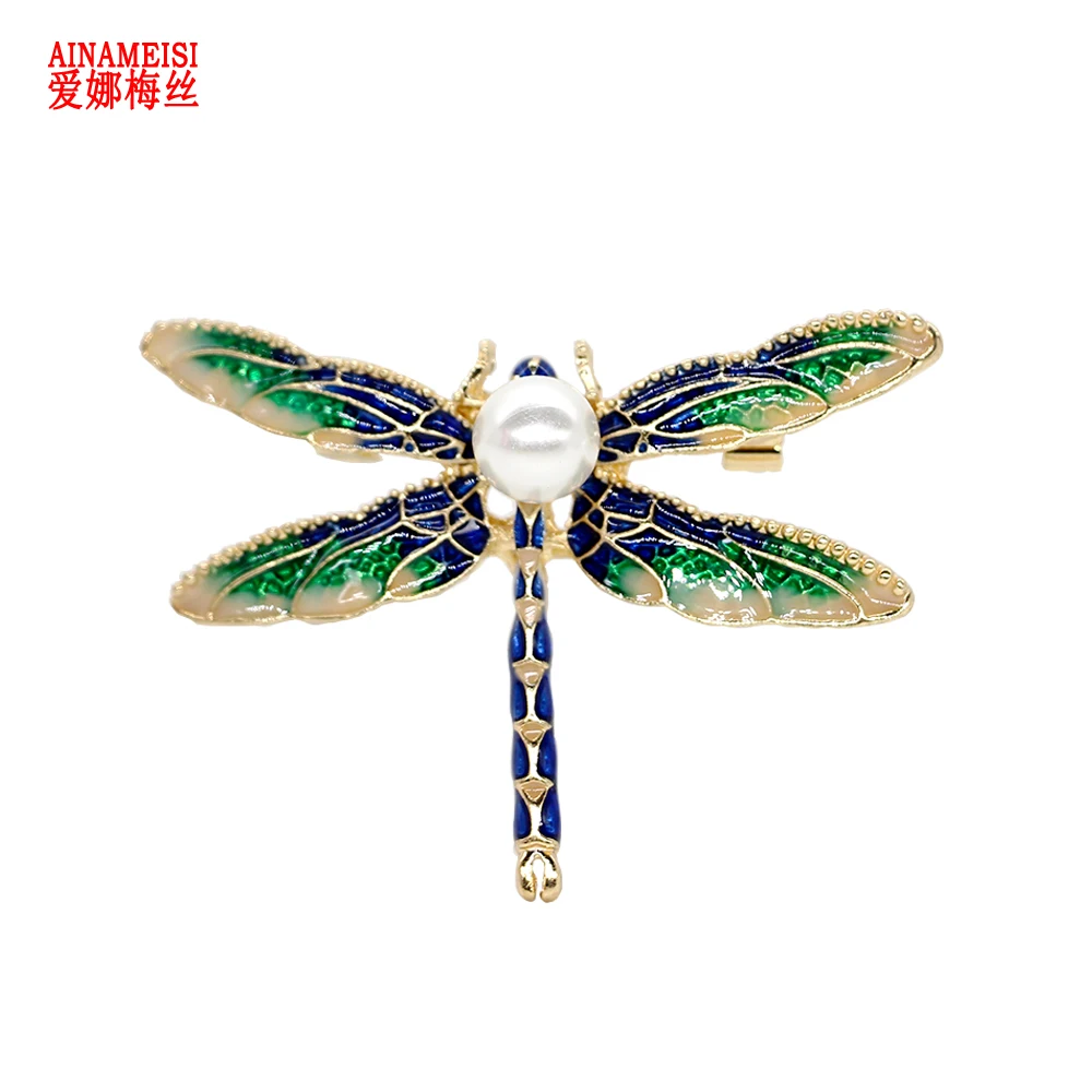

AINAMEISI Green Purple Enamel Dragonfly Insects Brooches For Women Men Alloy Metal Pearl Banquet Weddings Brooches Pins Gifts