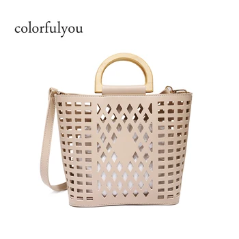 

Stylish Women Handbags Hollow Out Crossbody Bag For Women Wood handle Tote Bags PU Leather Shoulder Bag 2019 Design Beach Bag