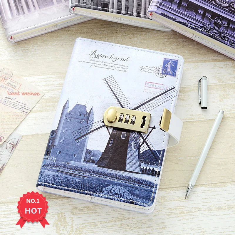 

A5 Thicken Fashion Graphics PU Cover Password Lock Notebook Protection Notebook School Office Supplies Wholesale