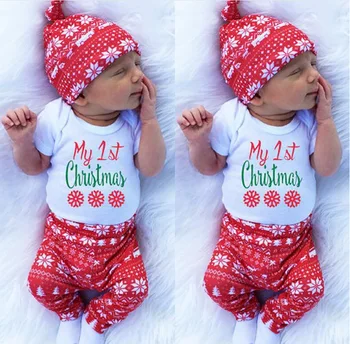 

3 Pcs/Set Baby Christmas Romper Set Newborn Cotton Jumpsuit Pants Hat Suit Infant Letter Print Pajamas Trousers Beanie