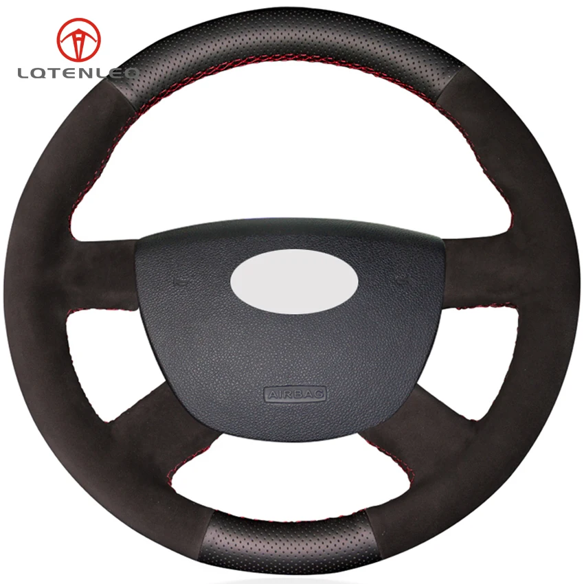 

LQTENLEO Black Genuine Leather Suede Steering Wheel Cover For Ford Kuga 2008-2011 Focus 2 2005-2011 Focus 3 2012-2014 C-MAX 2007