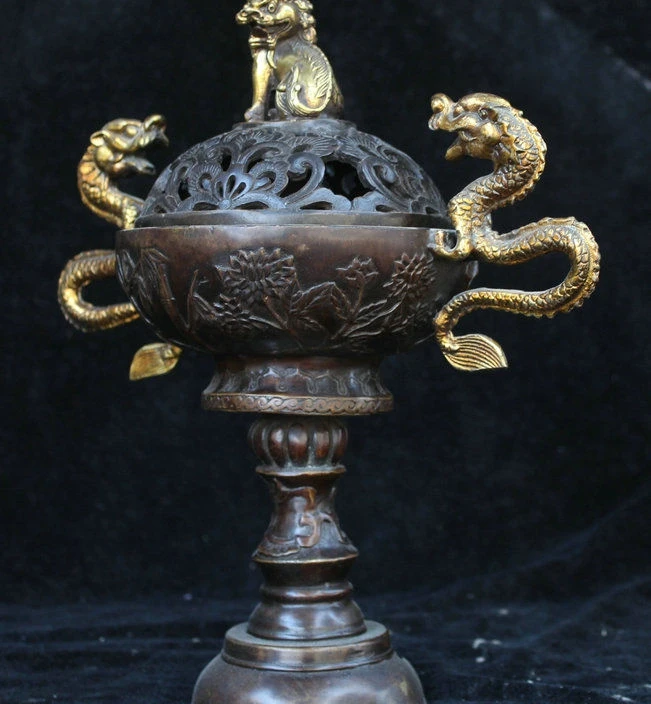 29 см древний Китай Бронзовая позолоченная Собака Лев Дракон ручка благовония