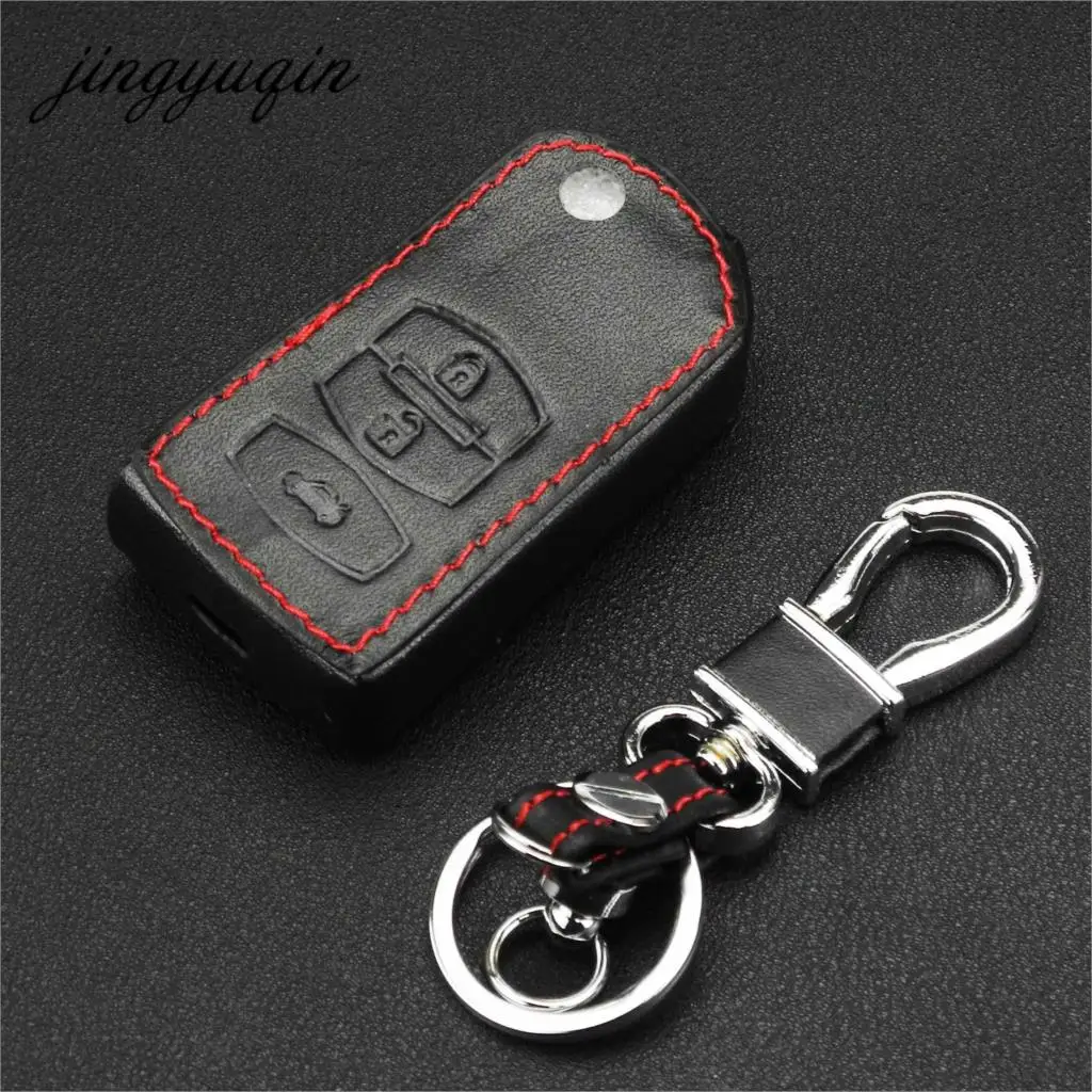 

jingyuqin Leather Car Key Cover for Mazda 2 3 5 6 RX8 MX5 3 Button Flip Remote Fob Case Car styling