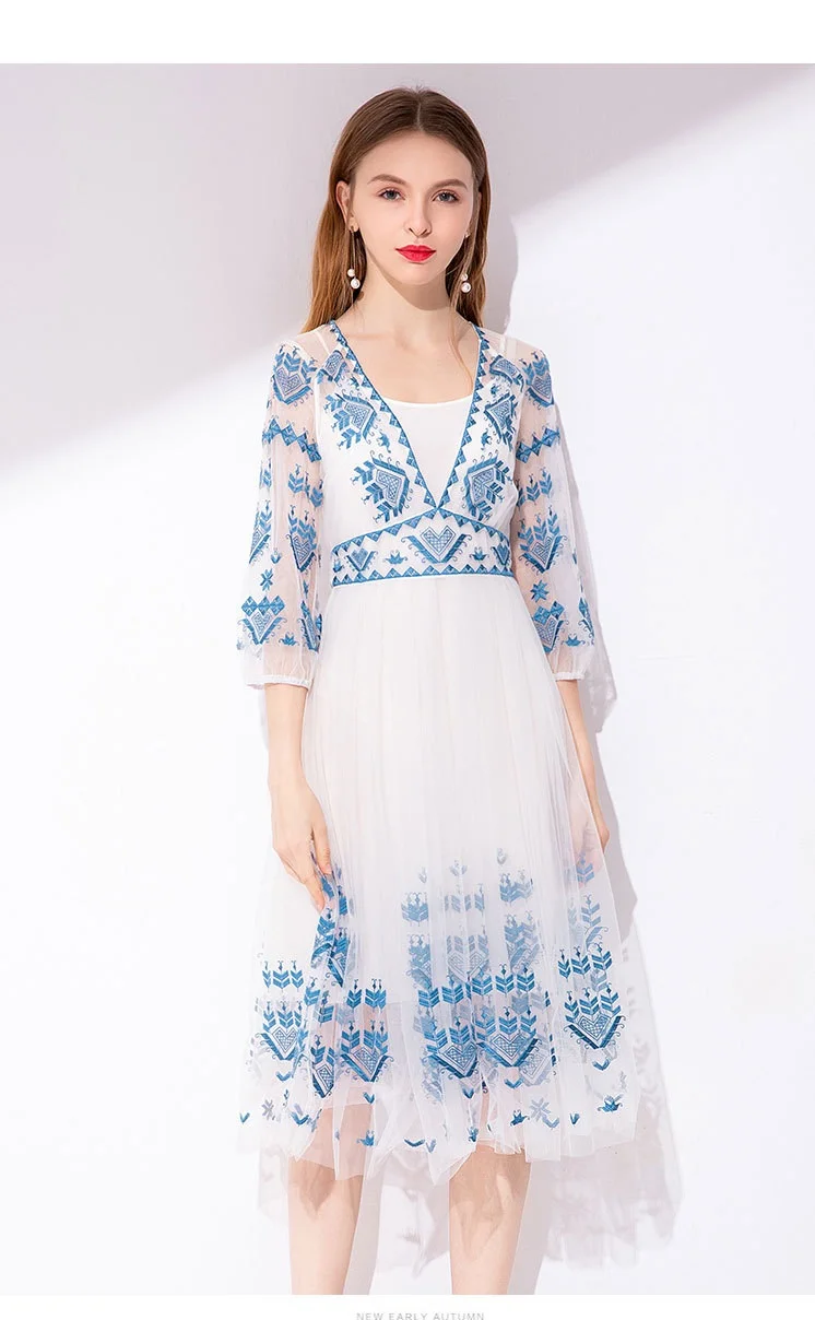 Vestidos De Festa/ г. весенне-летние вечерние Роскошные платья для женщин, вышитый тюль, 3/4 рукав, платье до середины икры синего и розового цвета