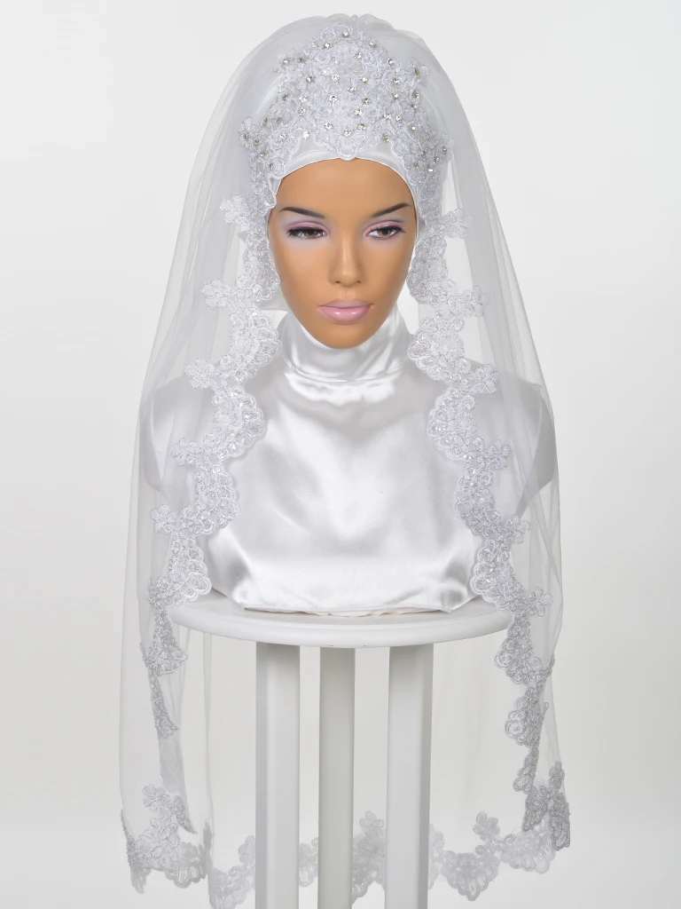 Мусульманская свадебная фата для невесты 2019 Свадебный хиджаб с бисером и