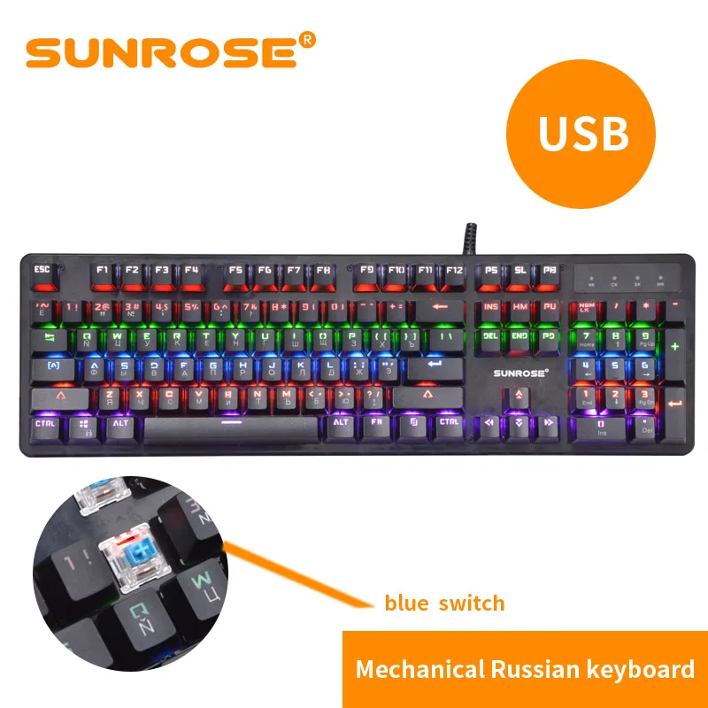 SUNROSE Подсветка USB клавиатура Английский с русским персонажем Teclado геймер плавающий 3 цвета светодиодный с подсветкой - Цвет: Mechanical keyboard