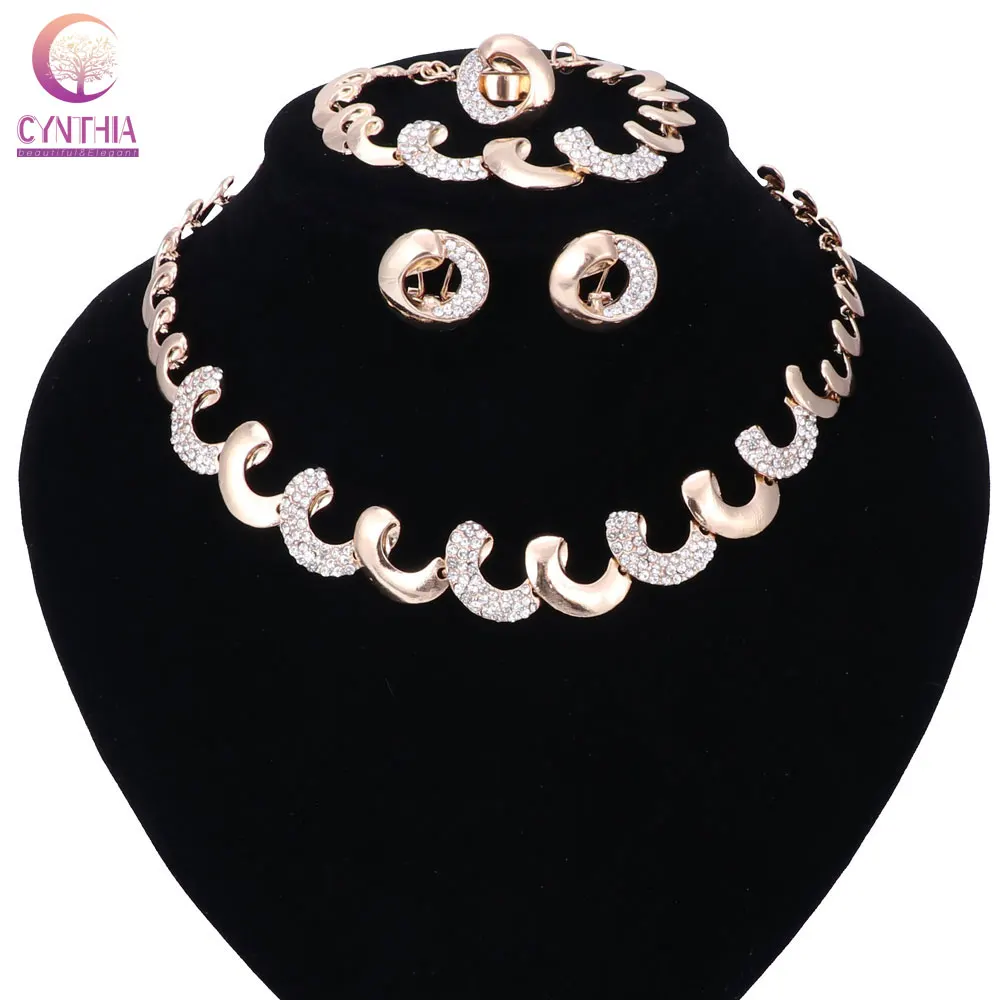 Fashion Women Crystal Jewelry Sets Necklace Earrings Bracelet Ring Spiral Shape Pendant For