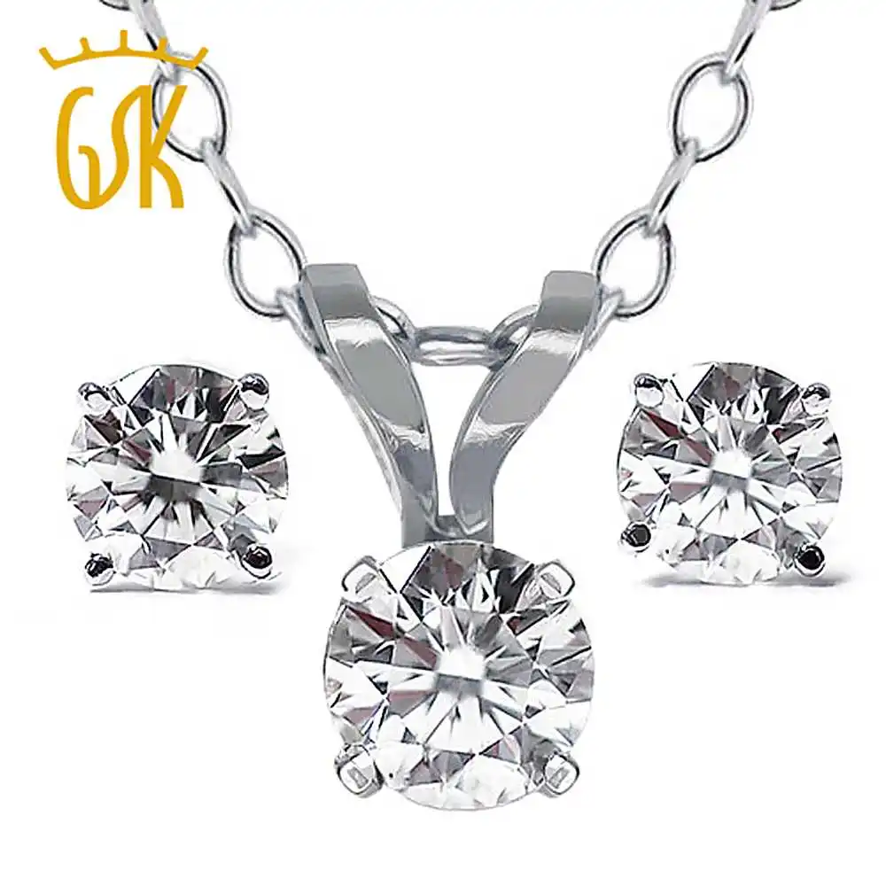 GemStoneKing Diamond Jewelry 14K White Gold Pendant and Earrings