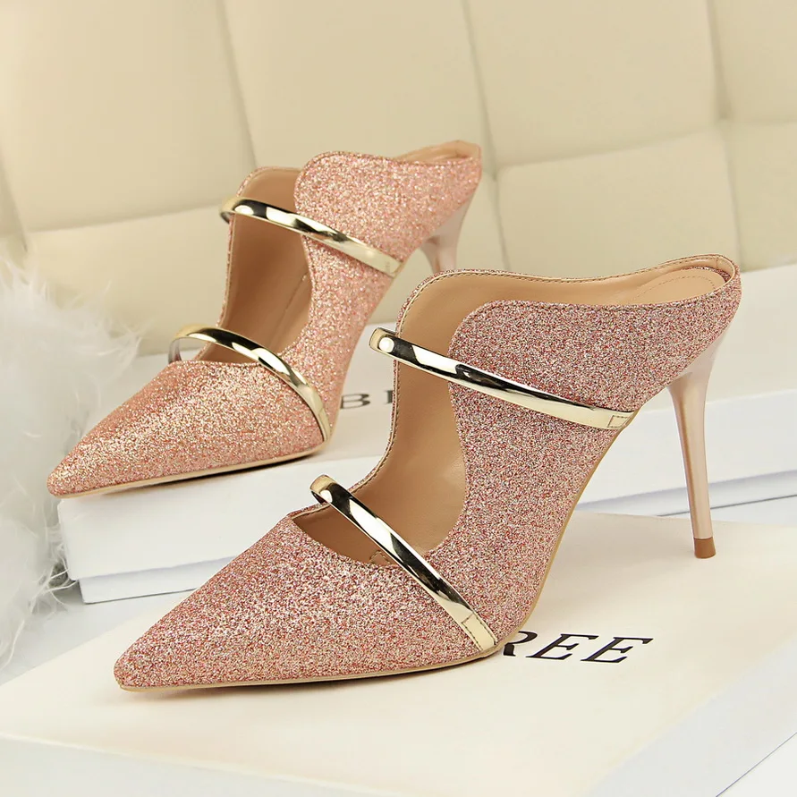 Женские летние блестящие сандалии на высоком каблуке 9 см; женские блестящие туфли без задника с ремешком на пятке; Серебристые туфли-лодочки; женская обувь; цвет золотой, розовый; Свадебная обувь