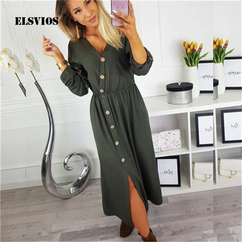 ELSVIOS Women Front Button Down Split Dress Sexy Deep V Neck mid calf