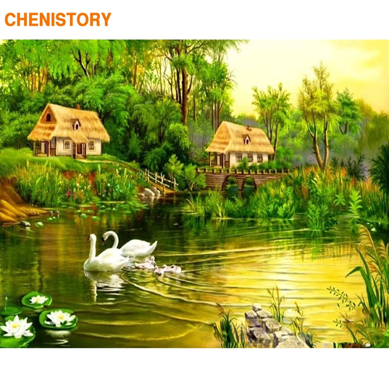 

CHENISTORY Frameless Picture Countryside DIY Painting By Numbers Landscape Calligraphy Painting Acrylic Canvas Wall Art Picture