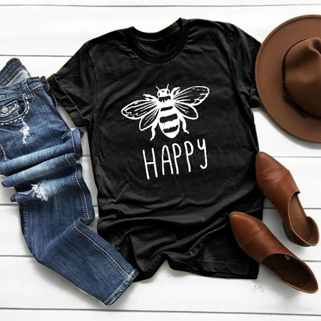 Женская футболка размера плюс, хлопок, круглый вырез, пчела, с принтом, короткий рукав, летняя, повседневная, Пляжная, свободная, женская рубашка