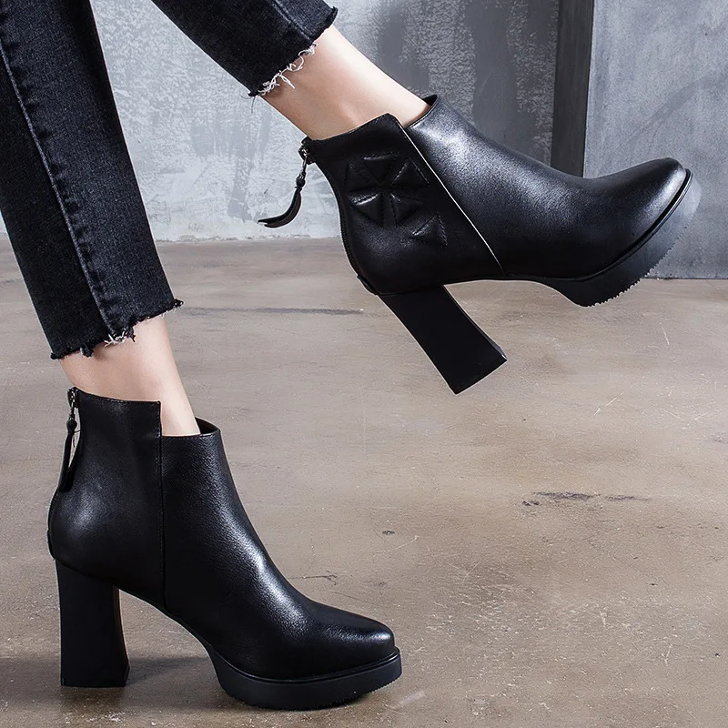 

New style genuine leather ankle boots round head Thick with boots calf leather women boots Pure color zipper women winter boots
