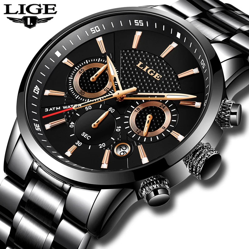 LIGE New Mens Watches Top Luxury Brand Quartz Watch Waterproof Chronograph Watch Luminous Fashion Watch Men Relogio Masculino