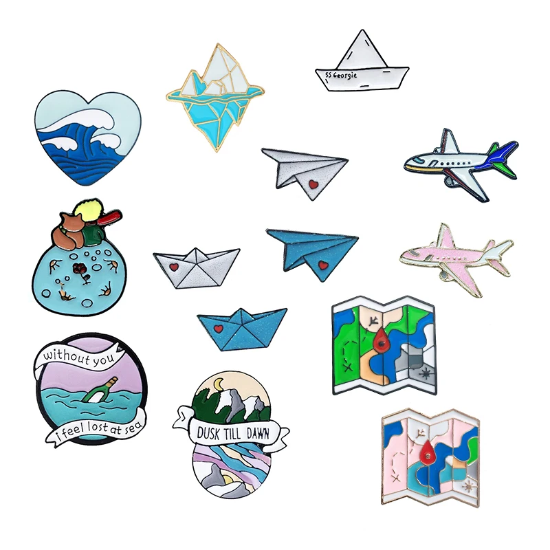 

Creative Paper Boat Paper Plane Metal Enamel Brooch Love Wave Iceberg Drift Bottle Badge Pin Cute Trendy Jewelry Accessories