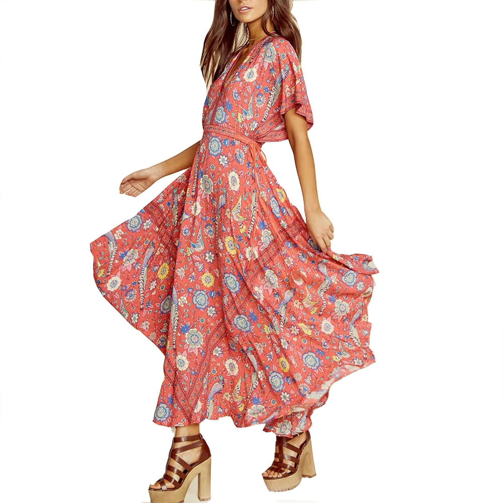 Floral Print Boho Maxi Dress Summer Gown Tassels Lace Tied Up V Neck ...