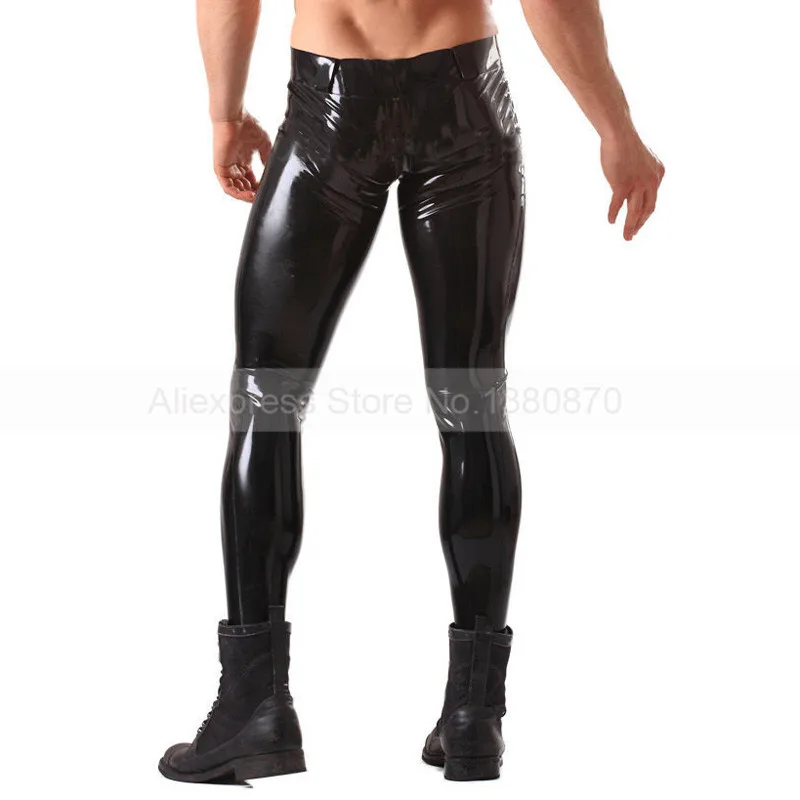 Сплошной черный мужской латекса Брюки Человек сексуальное брюки с поясом S-LTM013