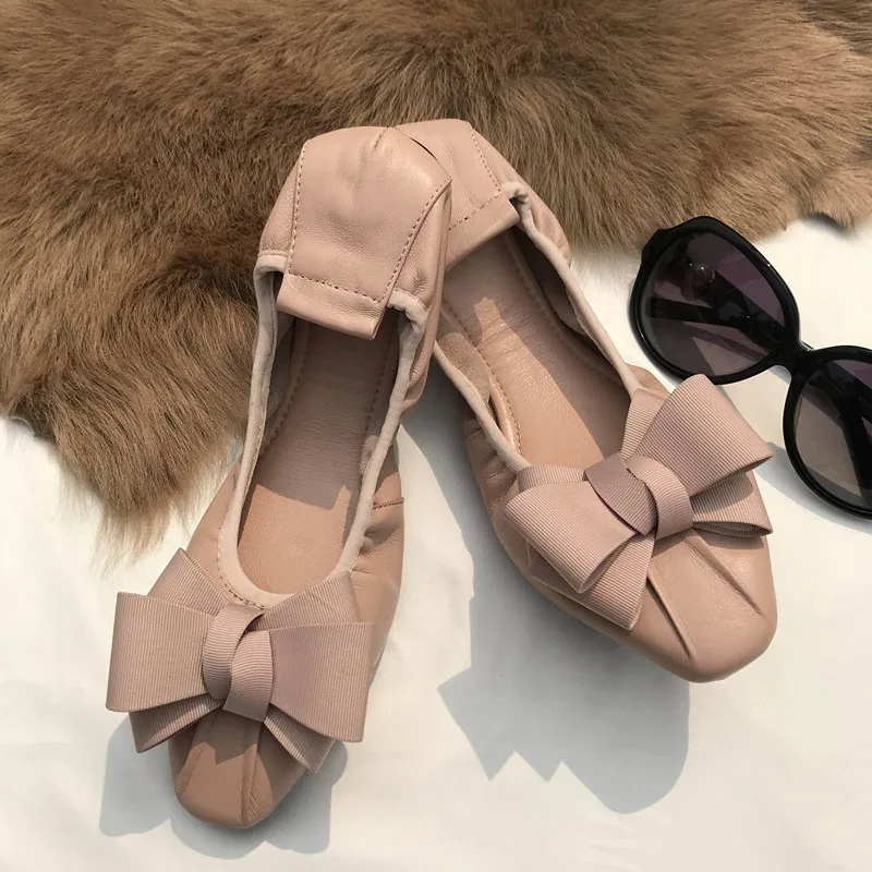 Plus Size 34-42 Sheepskin Women Ballet Flats Bowknots Driving Shoes Female 2018 Soft Casual Flat Heel Shoes Women's Single Shoes (34)