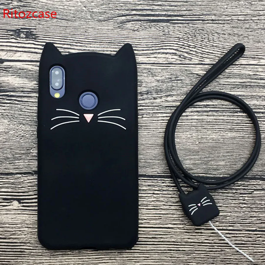 

For huawei Mate 20 lite P20 Pro P20 Lite case cover cute 3d cartoon beard cat with strap protective shockproof phone bag