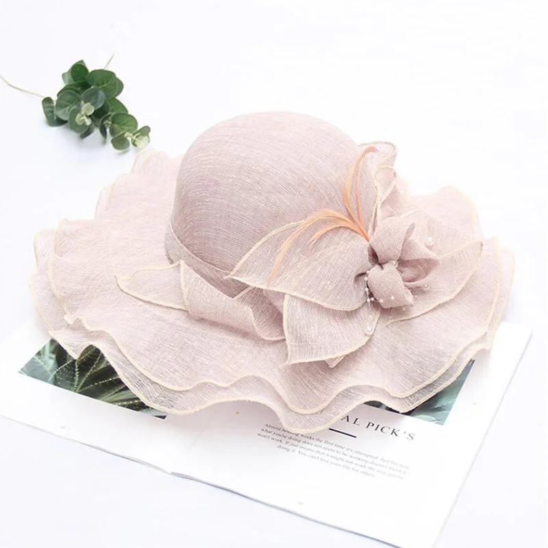 KISBINI Fashion Girl Women's Hat Wide Brim Vintage Linen Mesh Flowers Decoration Elegant Wedding Party Shade ladies Hats - Цвет: Pink purple