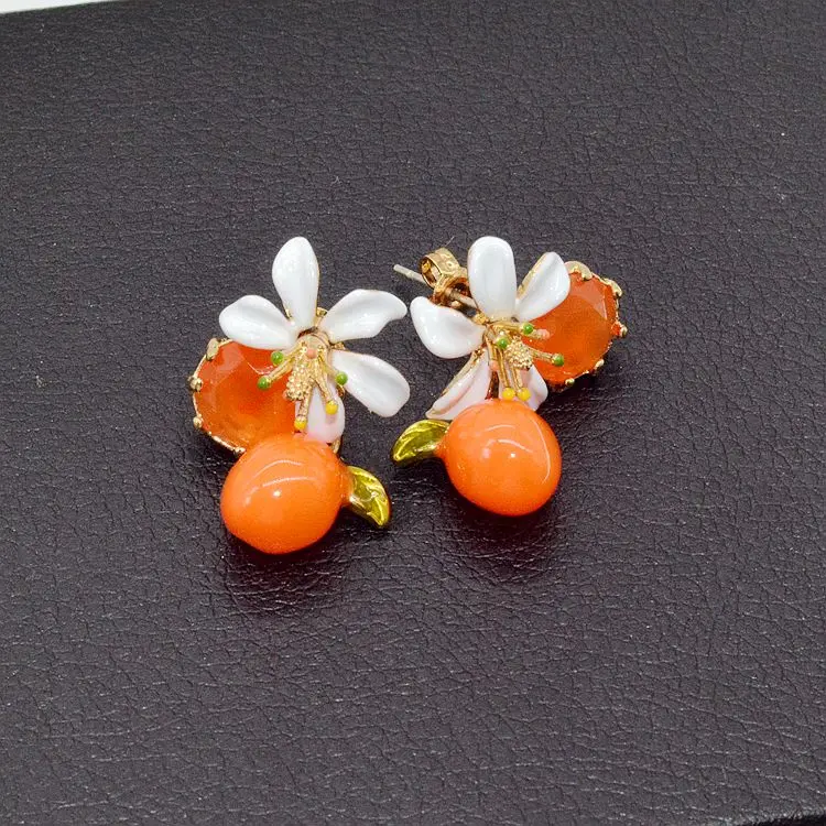

2018 Orange Plants Pink Pearl Flower Series Enamel Earring For Woman Gold Really Plated Jewelry Prevent allergy J