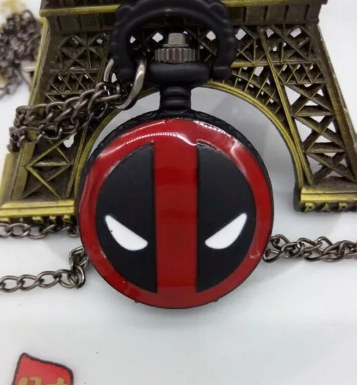 

Super Small Mini Size Fashion Black DEADPOOL Marvel Animation Anime Quartz Pocket Watch Pendant Necklace Mens Womens Kids