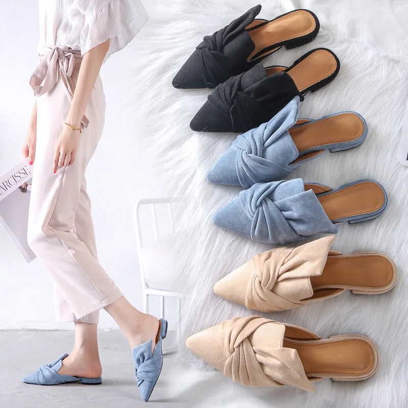 

Women Mules Flock Bowtie Slippers Autumn Female Low Heels Shoes Pointed Toe Ladies Elegant Spring Fashion Slipper Woman Hot Sale