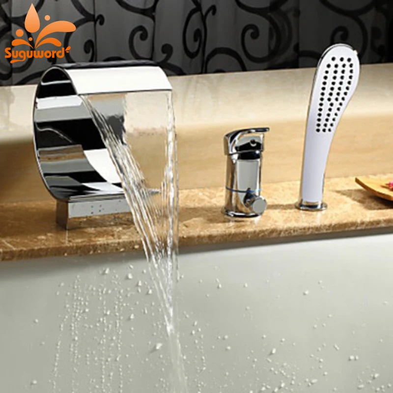 

Waterfall Spout Bathtub 3pcs Faucet One Knob Mixer Tap with Handheld Shower Head