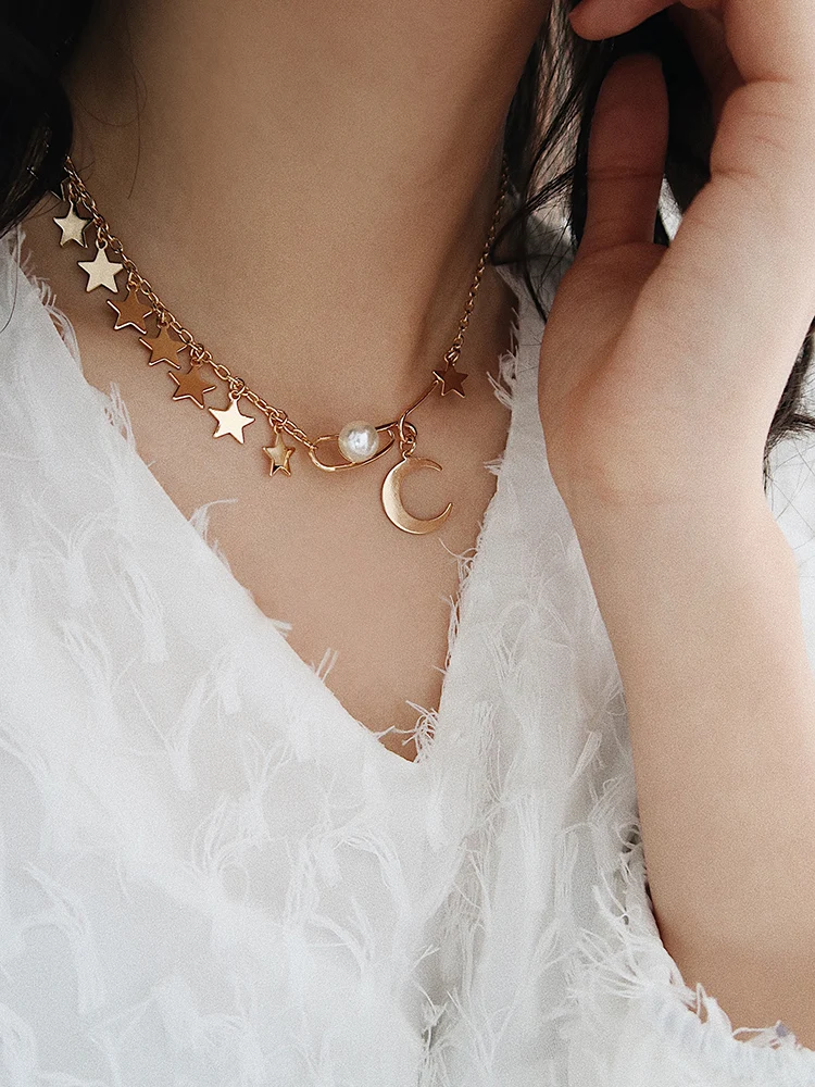 

Korean sweet cool stars moon sweet Baroque pearl temperament exquisite vintage necklace choker подвеска collares de moda 2019