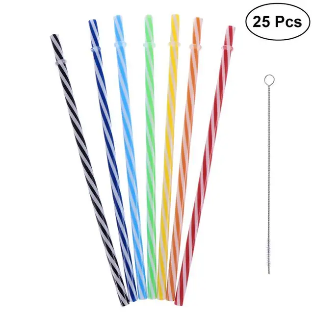 25pcs Pure Color Reusable Plastic Thick Drinking Straws Two Colors Threaded Straw for Party Home Use with Brush (Mixed Colors)