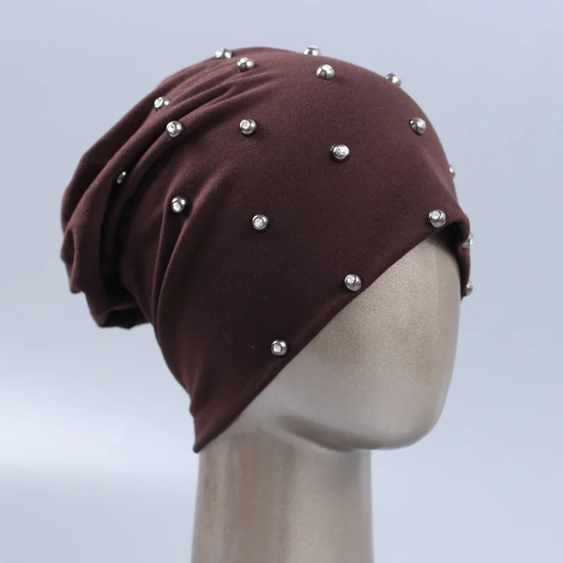 Geebro/Женская Шапка-бини, модная шапка со стразами, шапочки-бини для девочек, хлопковые шлепки, головные уборы для женщин, вязаная женская шапка - Цвет: coffee