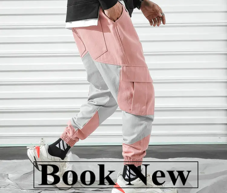 New Cargo Harem Pink Pants Mens Casual Joggers Baggy Trousers Harajuku Streetwear Hip Hop Pants Men Fashionable Sweatpants