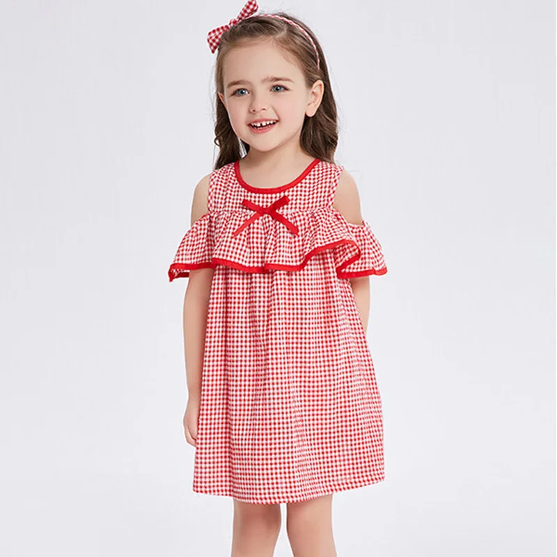 2018 New Summer Girls Print Plaid Dress Princess Perform Lovely Bare shoulder School Fashion Kid Clothes | Детская одежда и обувь