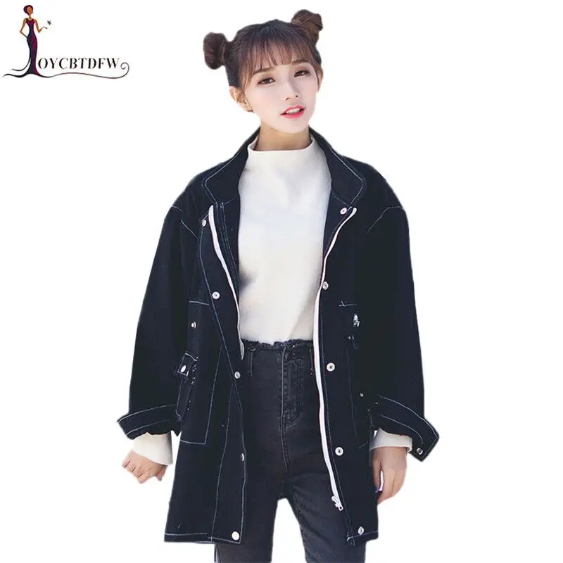 

2019 Spring Autumn New Denim Jacket Tooling Loose Bf Style Retro Denim Coat Female Long Sleeve Casual Mid Long Denim Coat DD0910