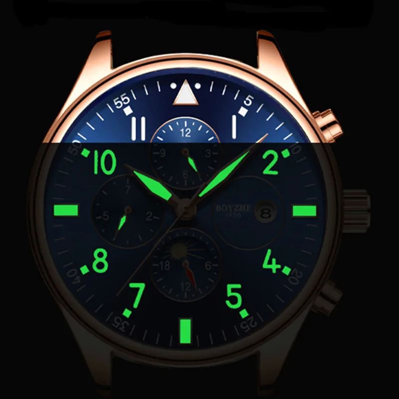 BOYZHE Роскошные Брендовые мужские автоматические механические Moon Phase часы
